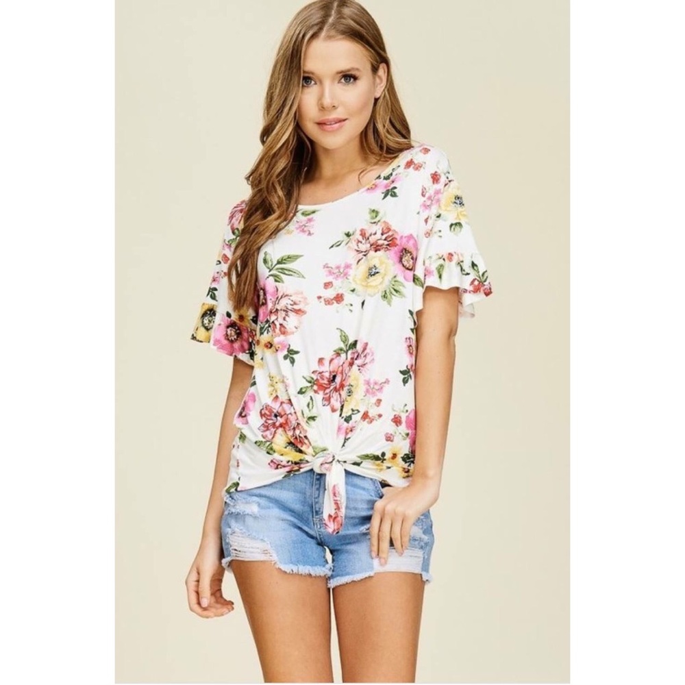 Floral Ruffle Sleeve Tie Top